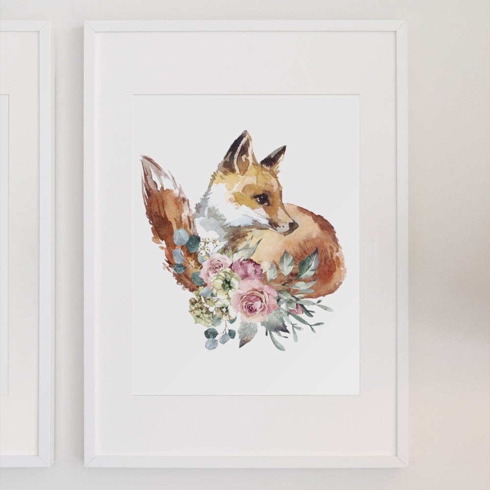 Watercolor Floral Red Fox Portrait Wall Art Illustration Print Poster Unframed - Picture 5 of 17
